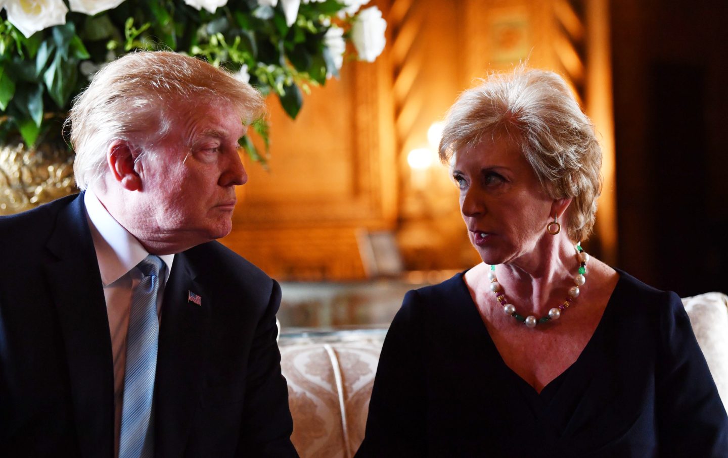 President Donald Trump and Linda McMahon, now his nominee for education secretary, at Mar-a-Lago in 2019.