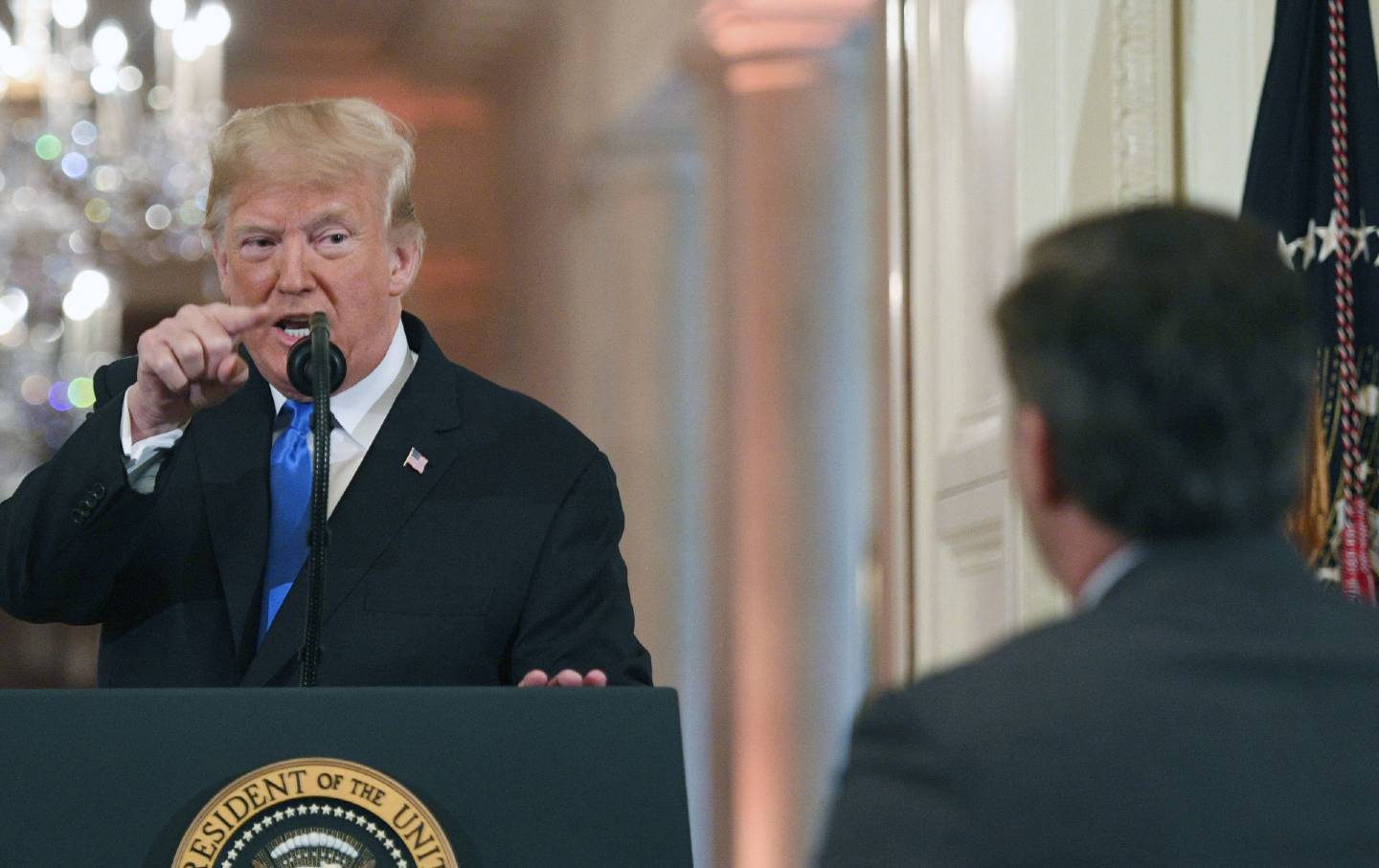 US President Donald Trump pointed to CNN journalist Jim Acosta at a post-election press conference held in the Eastern Room of the White House in Washington, D.C. on November 7, 2018.