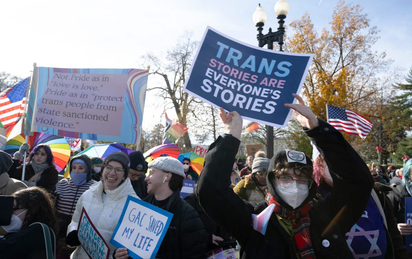 Hundreds of trans men and women, activists and supporters rally outside of the Supreme Court Building in Washington, DC, on December 4, 2024.