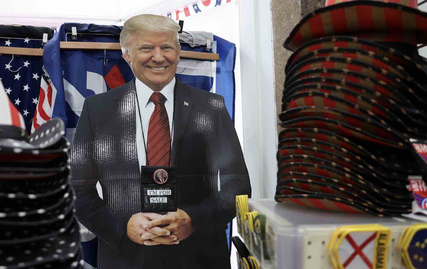 Donald Trump souvenirs are displayed for sale at of I Love DC Gifts ahead of the inauguration on January 16, 2025, in Washington, DC.