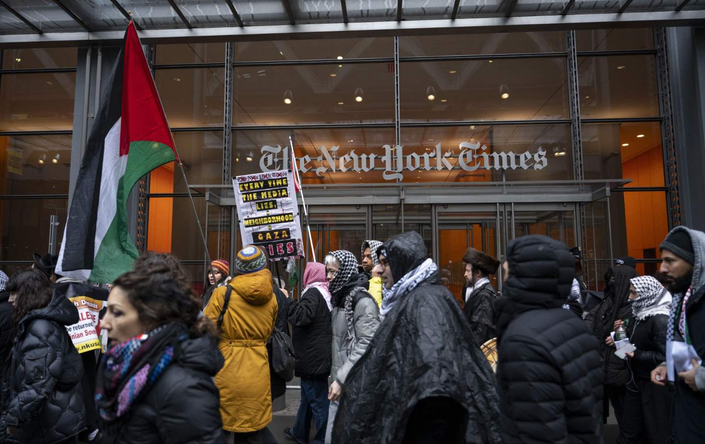 Pro-Palestinian demonstrators rally outside the New York Times building on January 18, 2025.