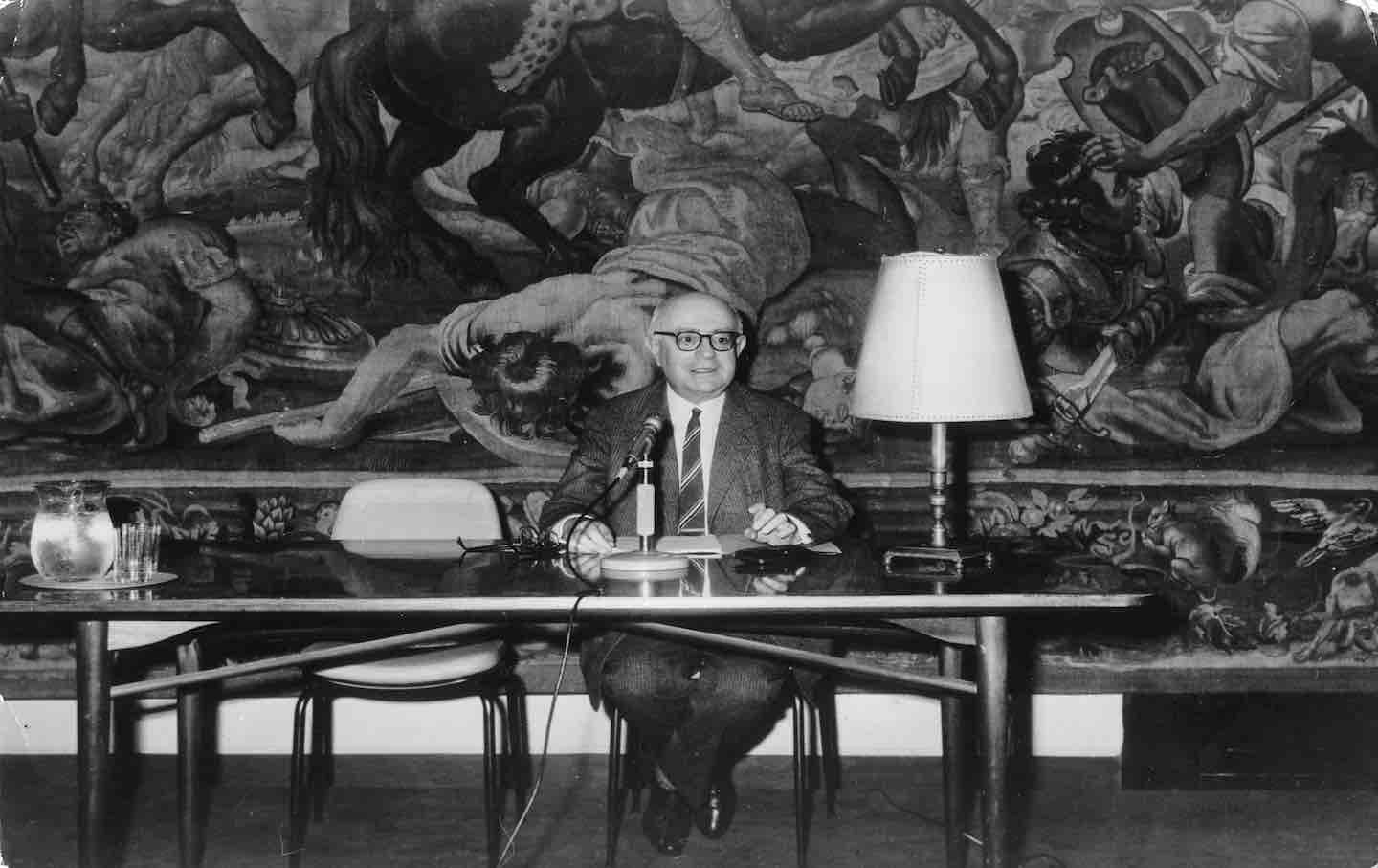 Theodor Adorno giving a lecture at the Goethe-Institut in Rome, 1969.