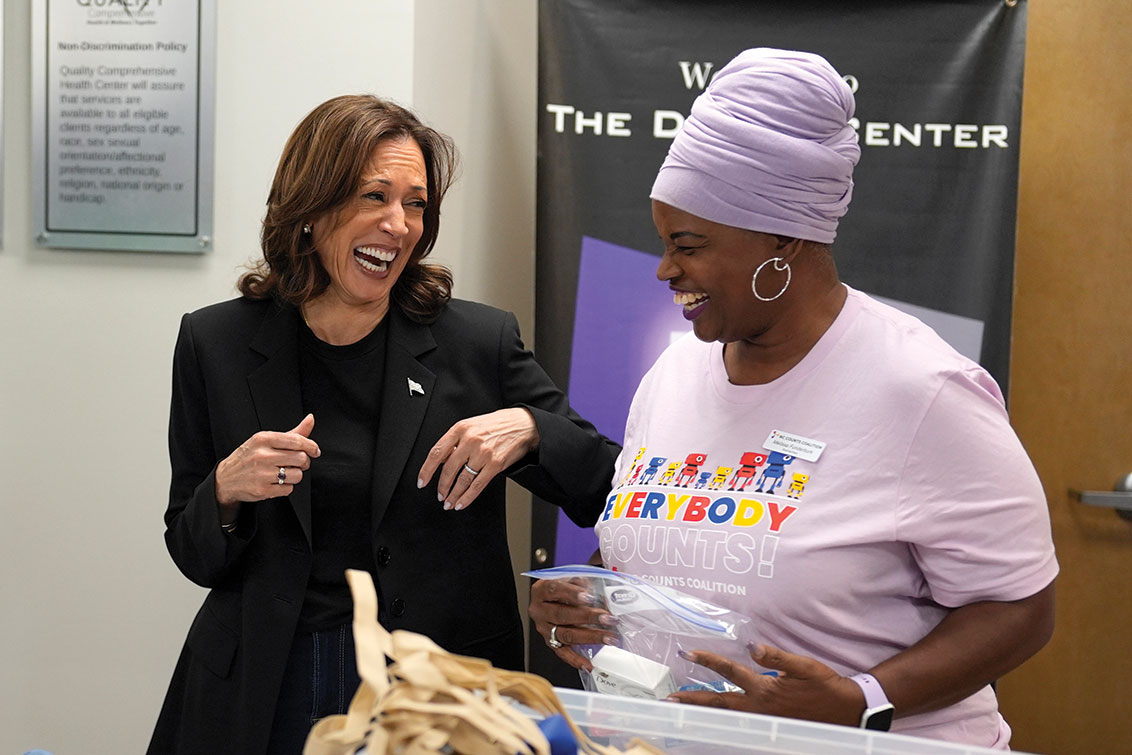 Kamala Harris with a food bank worker in Charlotte, North Carolina. Many of Harris’s economic proposals targeted working-class women.