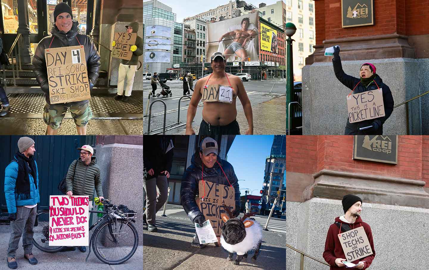 A grid of six photos showing REI worker on strike with signs.