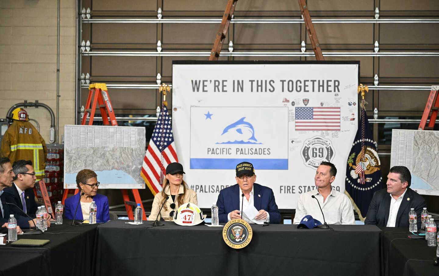 President Donald Trump speaks during a fire emergency briefing at Station 69 in the Pacific Palisades neighborhood of Los Angeles, California, on January 24, 2025.