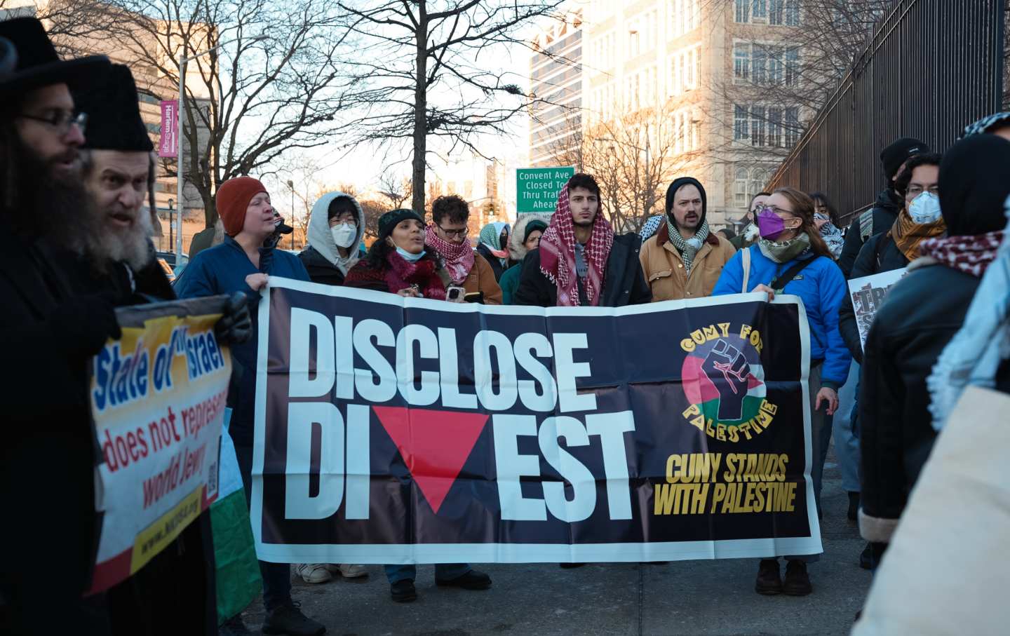 CUNY students and faculty rally at City College before testifying at a board of trustees meeting on February 10.