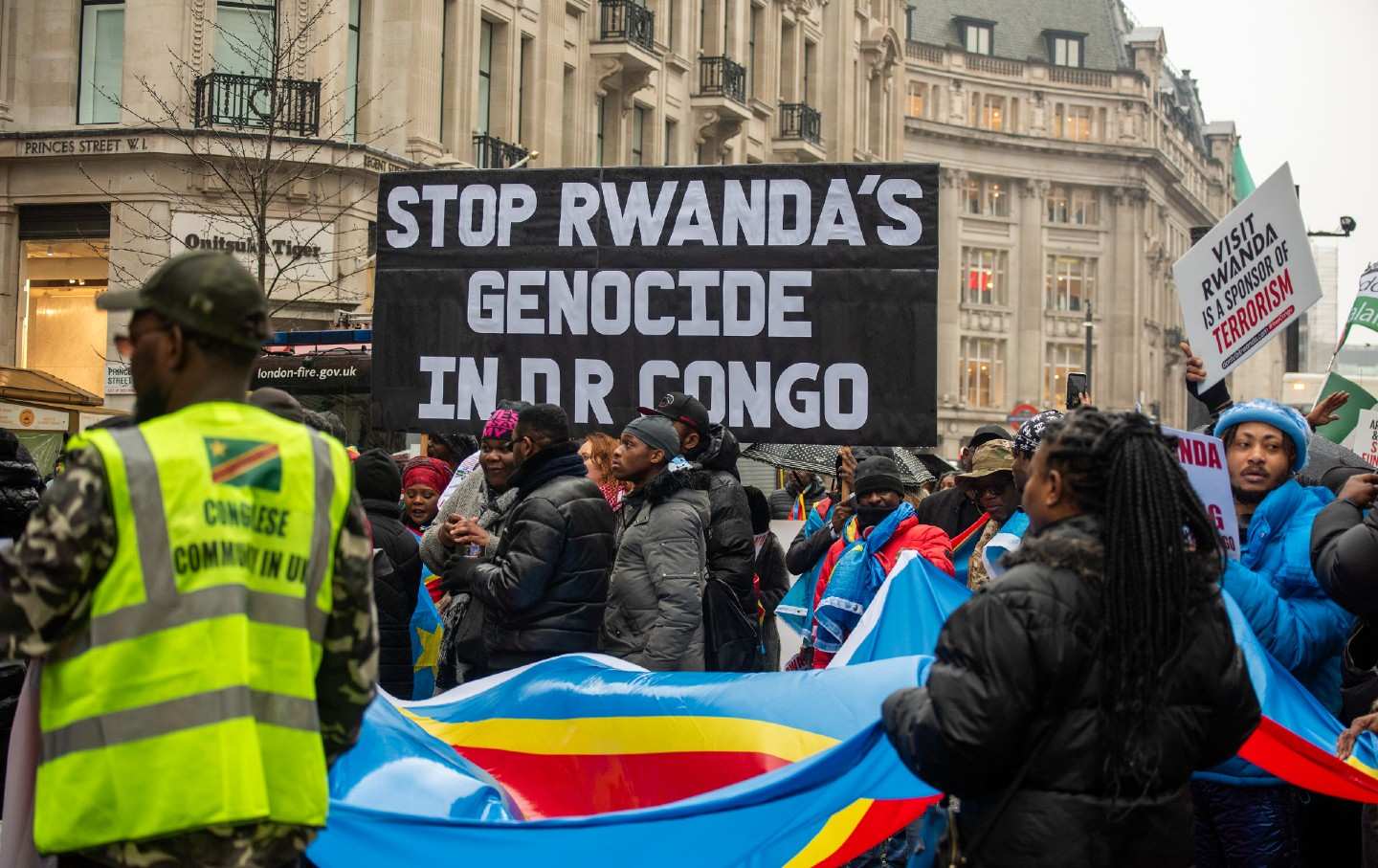 Hundreds of Congolese protesters gather outside the BBC Broadcasting House to condemn the capture of Goma in North Kivu, Democratic Republic of Congo, and denounce the exploitation of coltan mining, believed to be an underlying motive in the offensive.