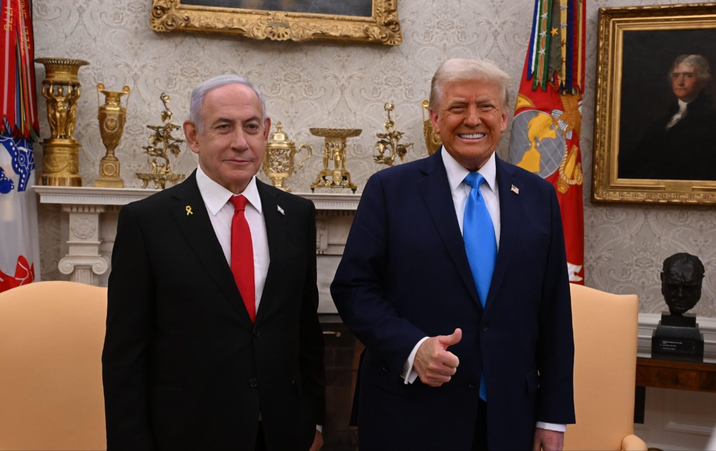 Donald Trump (R) hosts Israeli Prime Minister Benjamin Netanyahu (L) in the White House in Washington DC., United States on February 04, 2025.