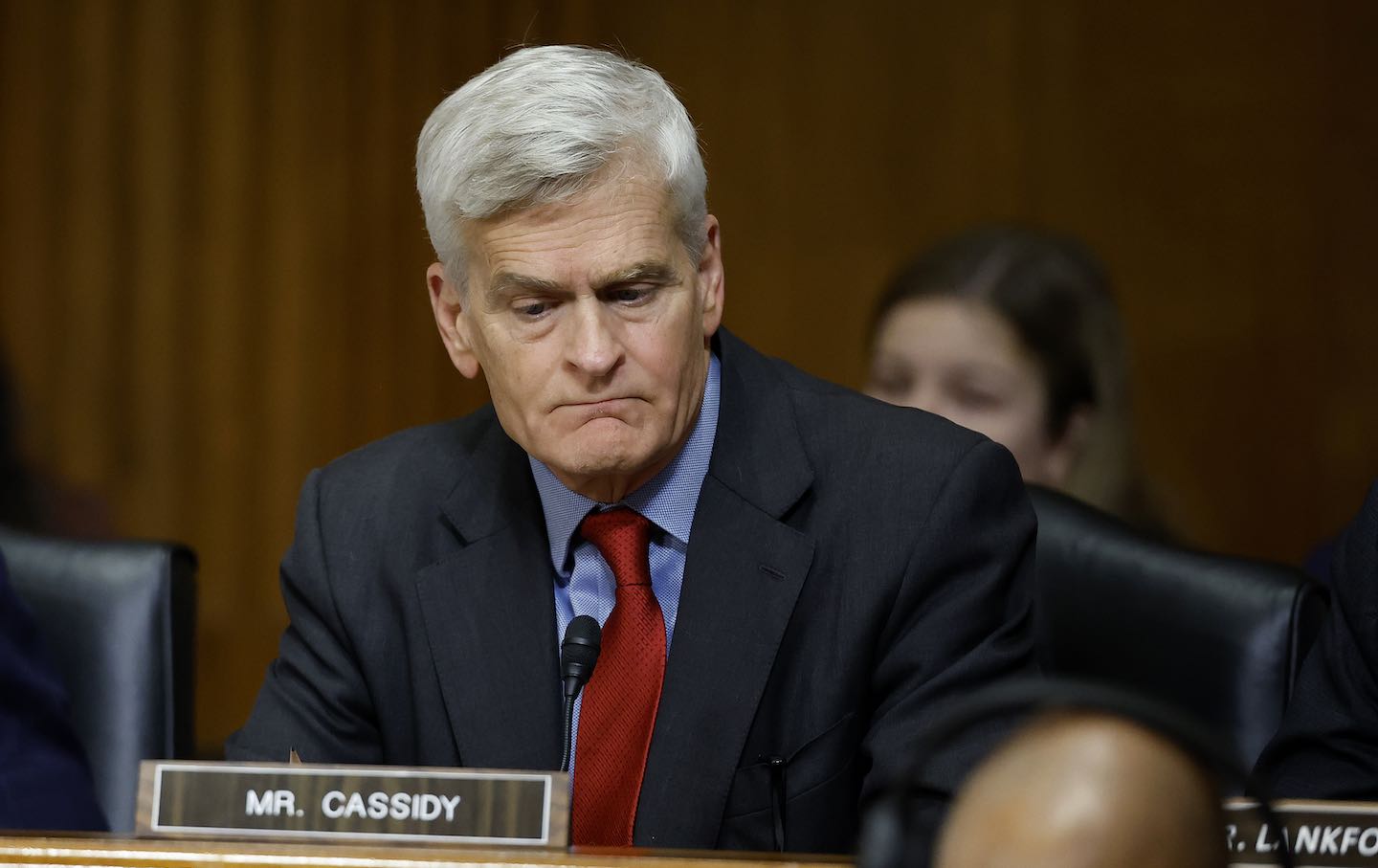 Senator Bill Cassidy (R-LA) listens as the Senate Finance Committee votes on February 4, 2025, to advance the nomination of Robert F. Kennedy Jr. to be the next secretary of health and human services.