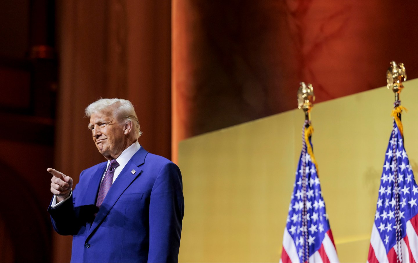 Donald Trump arrives at the Republican Governors Association meeting at the National Building Museum in Washington, DC, on Thursday, February 20,