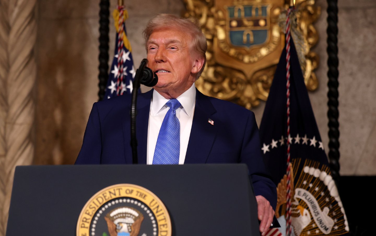 Donald Trump delivers remarks after signing an executive order at his Mar-a-Lago resort on February 18, 2025, in Palm Beach, Florida.