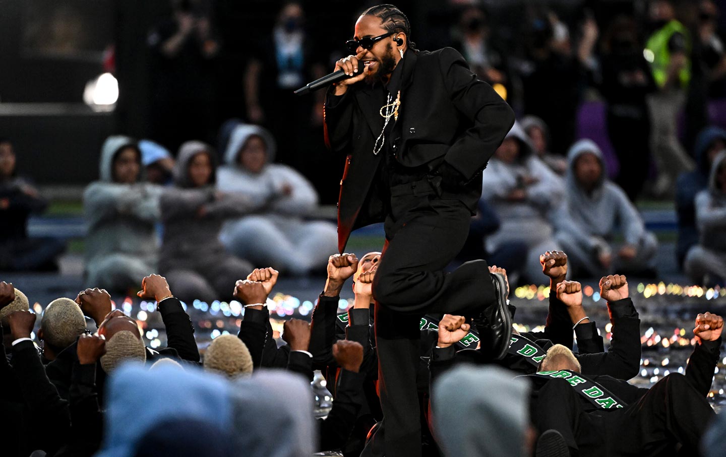 Kendrick Lamar performs during halftime in Super Bowl LVI on February 13, 2022, in Inglewood, California.