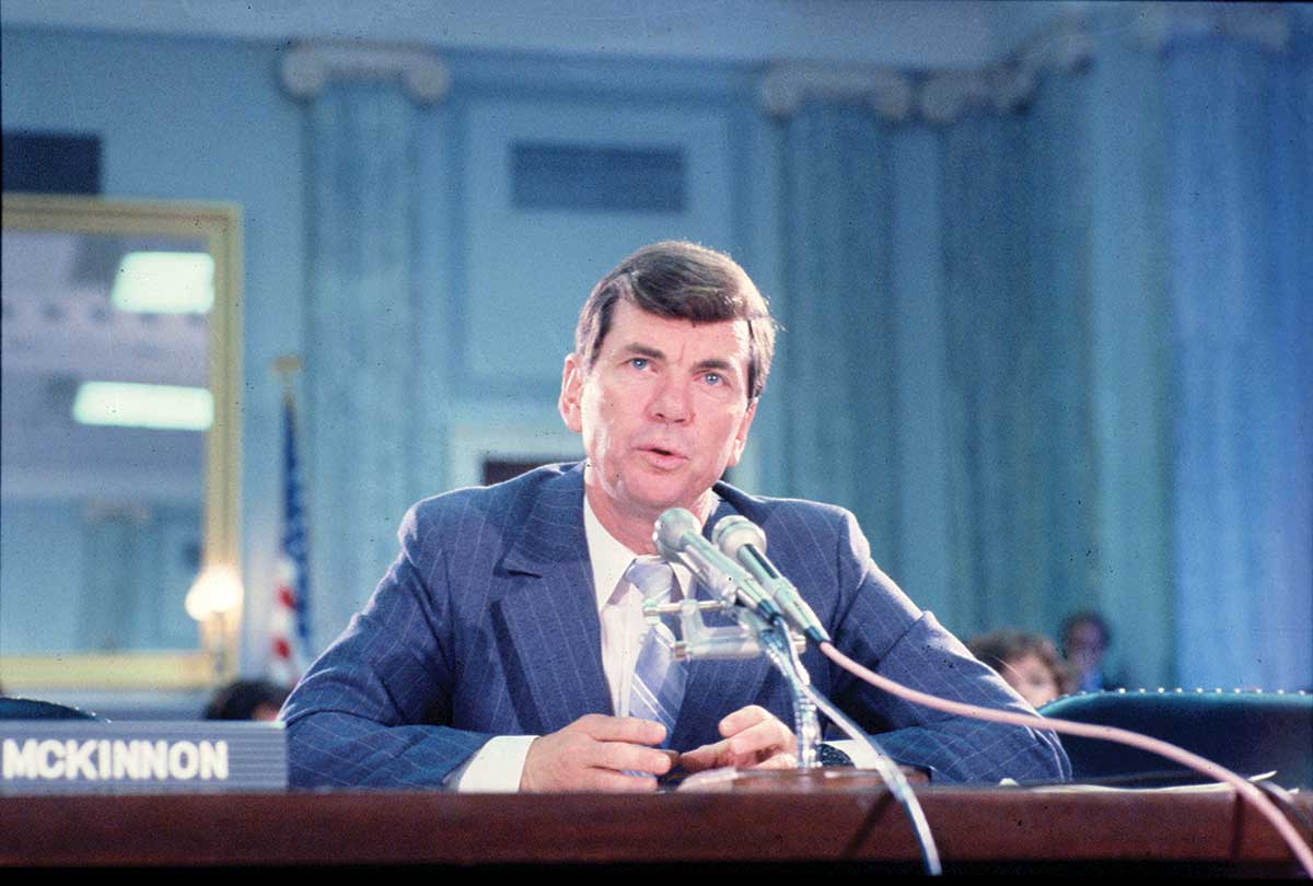 Dan McKinnon, the chairman of the Civil Aeronautics Board, testifies on airline deregulation in 1982.