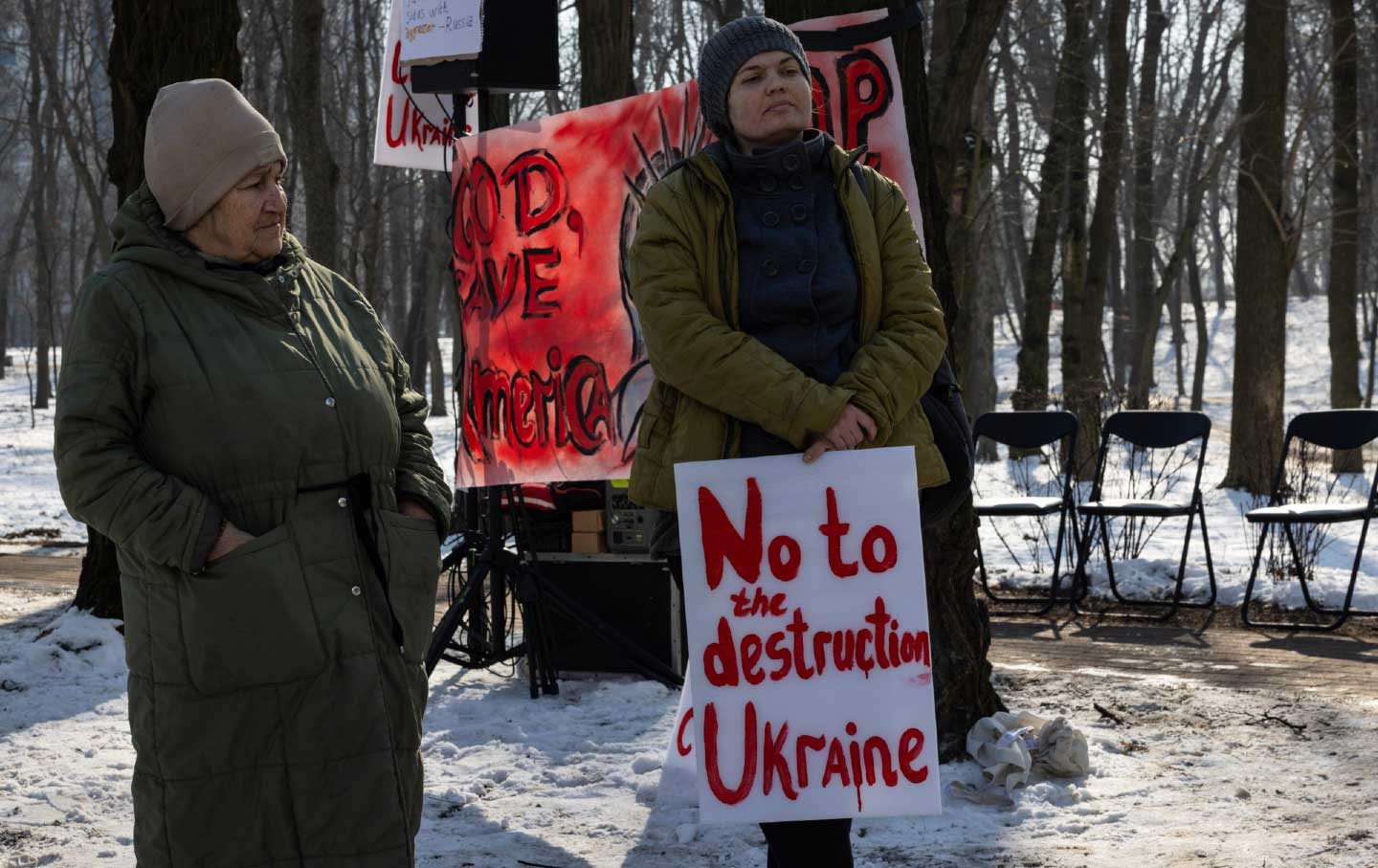 A small protest takes place outside the US embassy on February 26, 2025 in Kyiv, Ukraine.