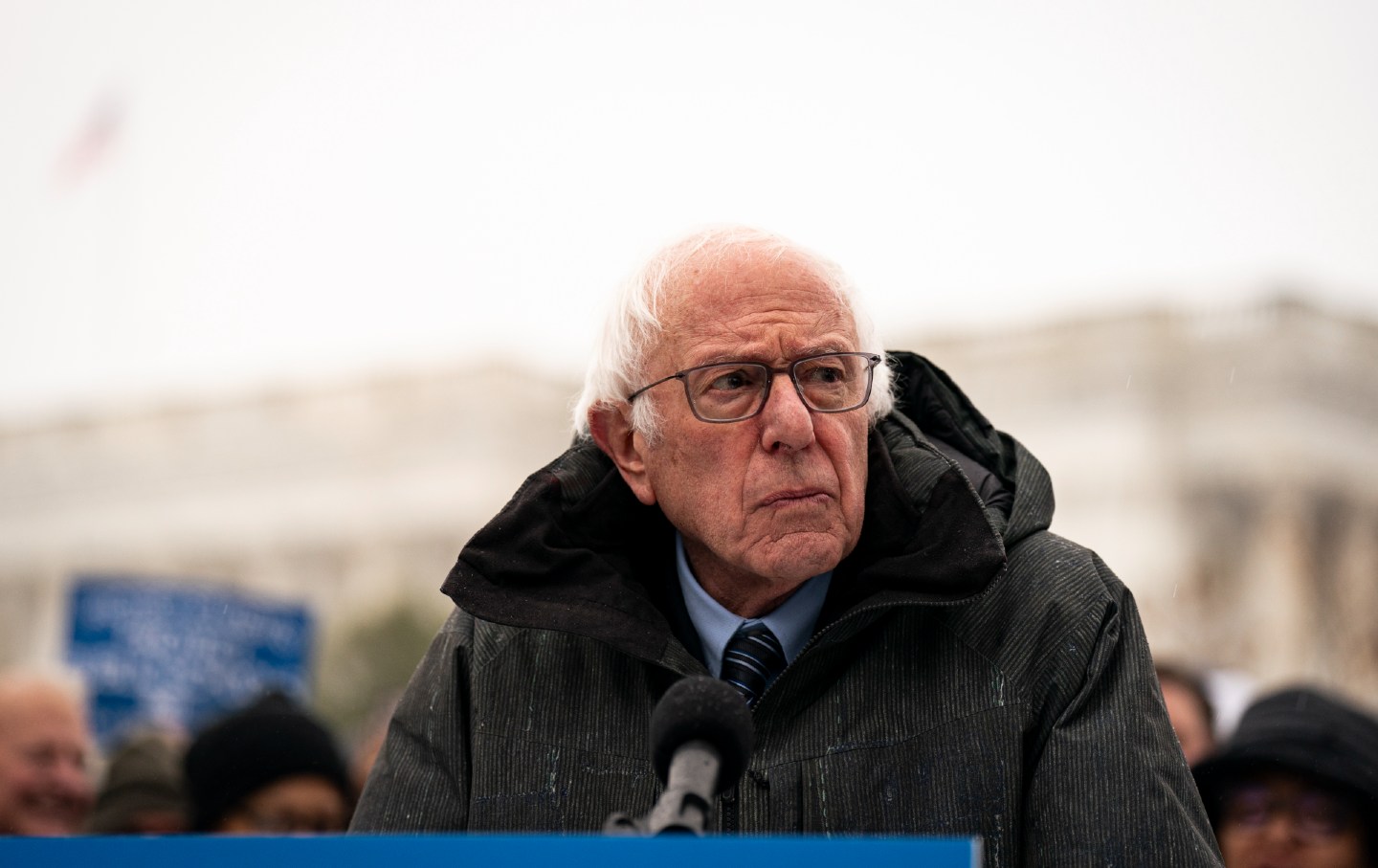 Senator Bernie Sanders speaks during a protest against the nomination of Linda McMahon to serve as President Donald Trump's education secretary, outside the US Capitol on February 12, 2025, in Washington, DC.