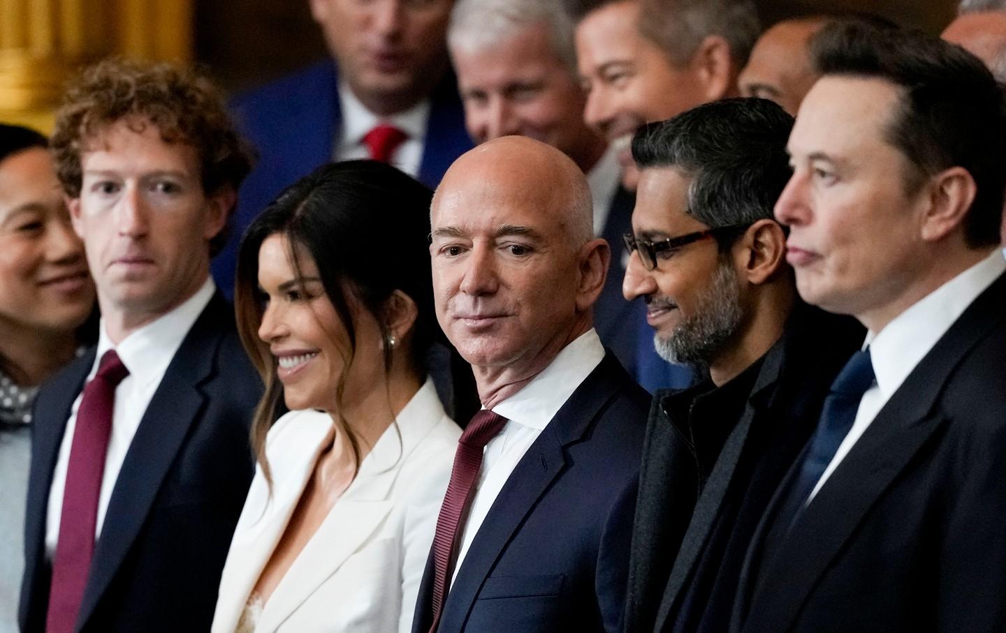 Mark Zuckerberg, Lauren Sanchez, Jeff Bezos, Sundar Pichai, and Elon Musk during Trump’s presidential inauguration in the rotunda of the US Capitol.