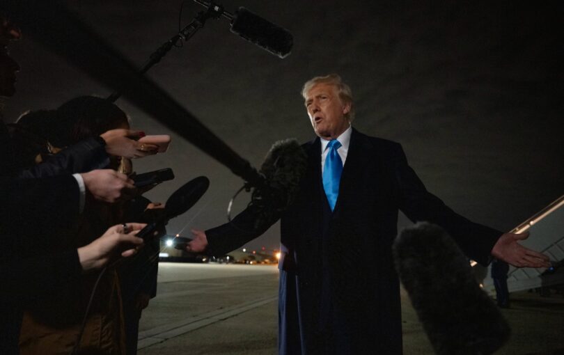 President Donald Trump speaks to the press upon arrival at Joint Base Andrews in Maryland on February 2, 2025, as he returns to the White House from Florida.