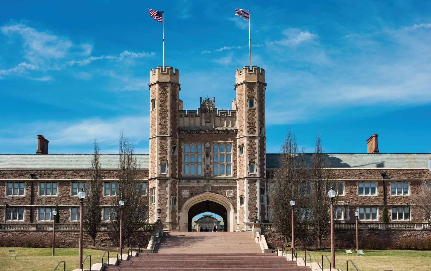 Brookings Hall at Washington University, Danforth Campus, the main campus in St Louis, Missouri, on a sunny day.