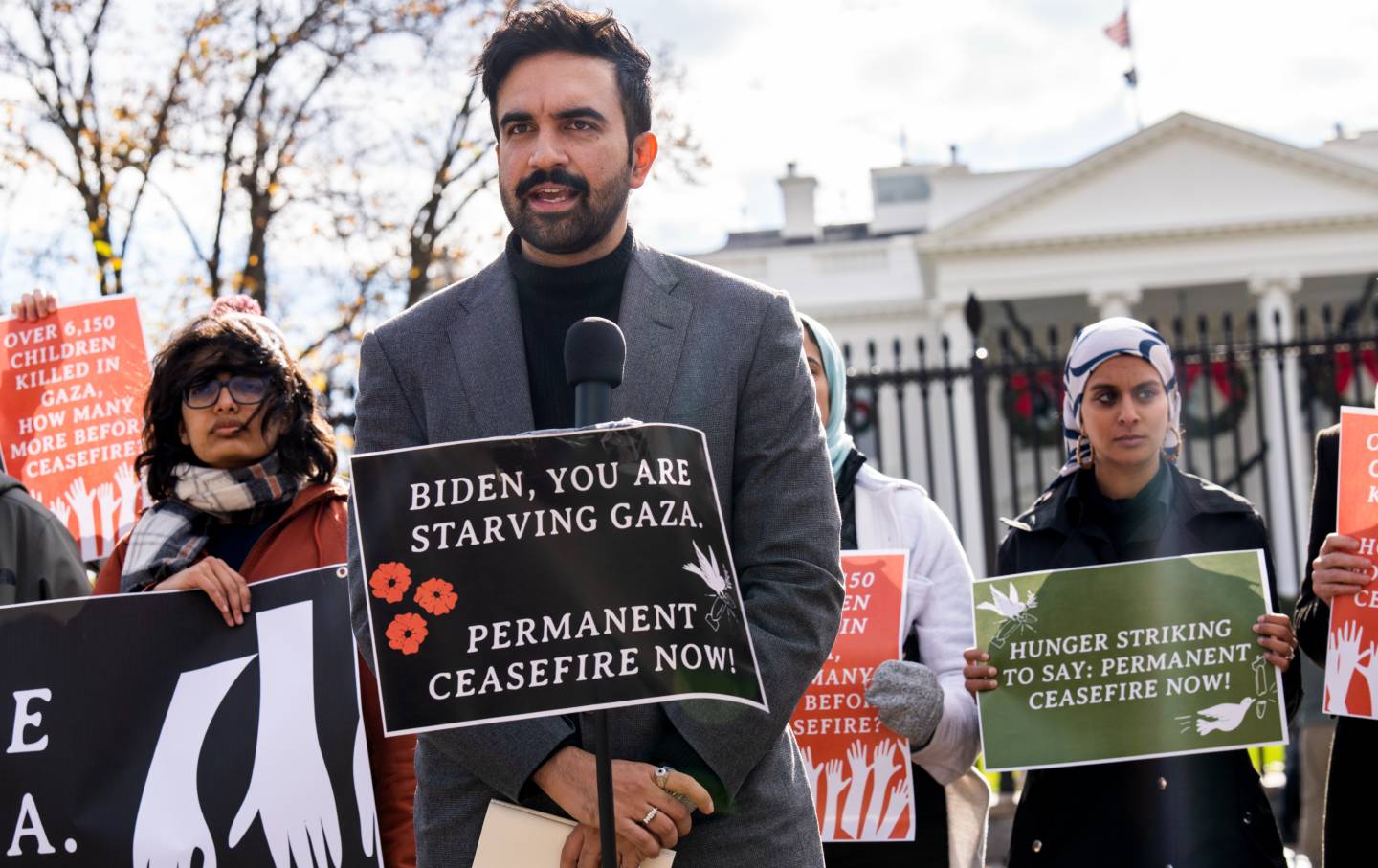 New York State Representative Zohran Mamdani speaks during a news conference outside the White House to announce a hunger strike to demand that President Joe Biden “call for a permanent ceasefire and no military aid to Israel” on November 27, 2023.