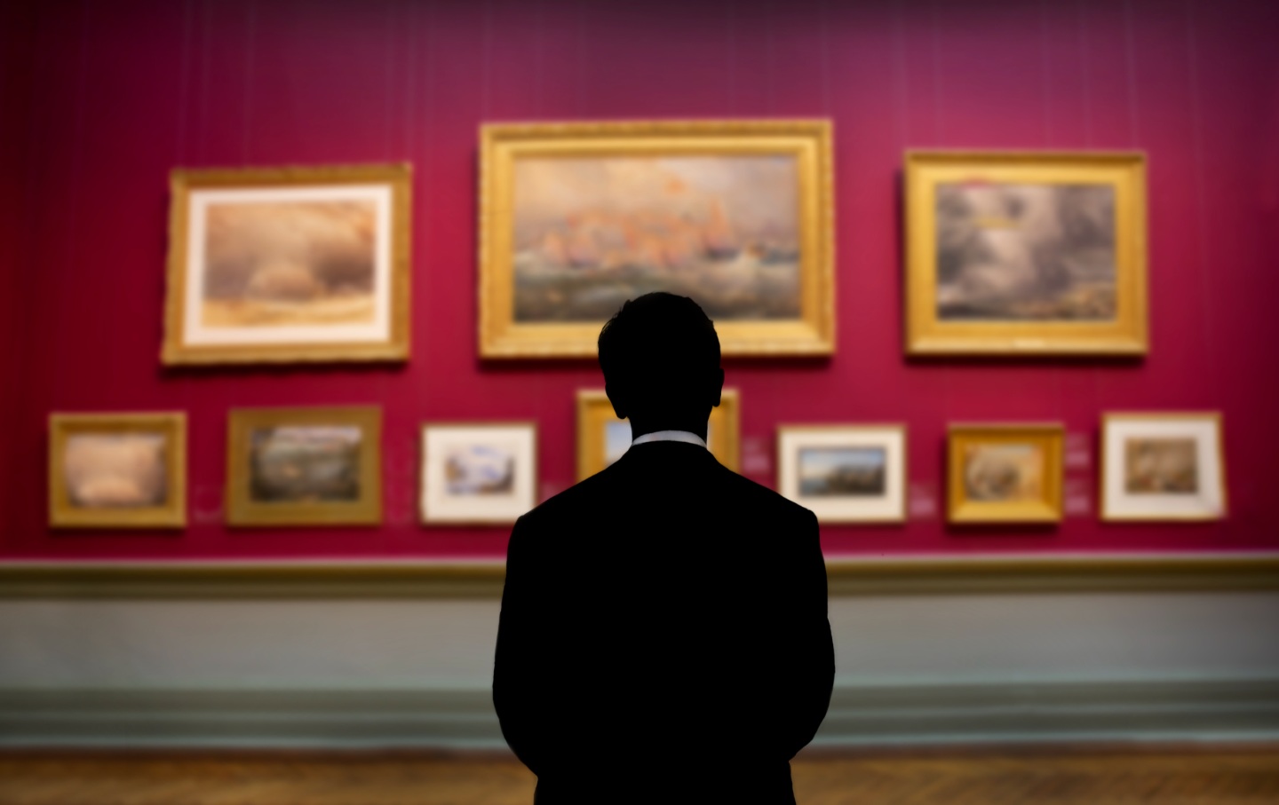 A visitor in silhouette at an art gallery.