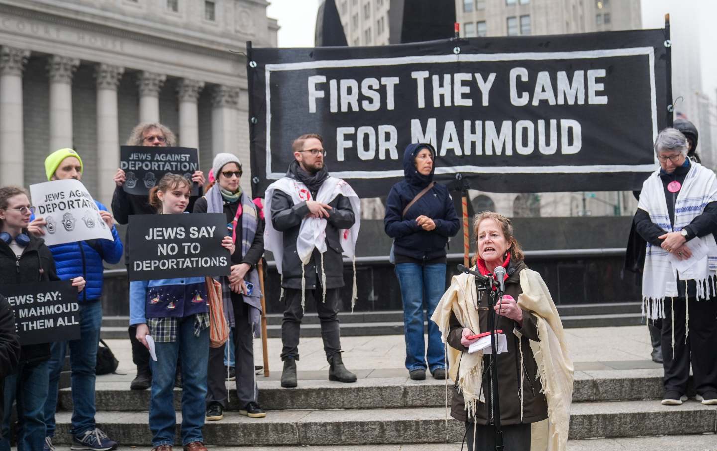 Pro-Palestinian Jewish Americans gather outside the ICE headquarters on March 20, 2025, at the emergency rally to release Palestinian green-card holder and Columbia University graduate Mahmoud Khalil and reject the Trump administration’s mass deportations.