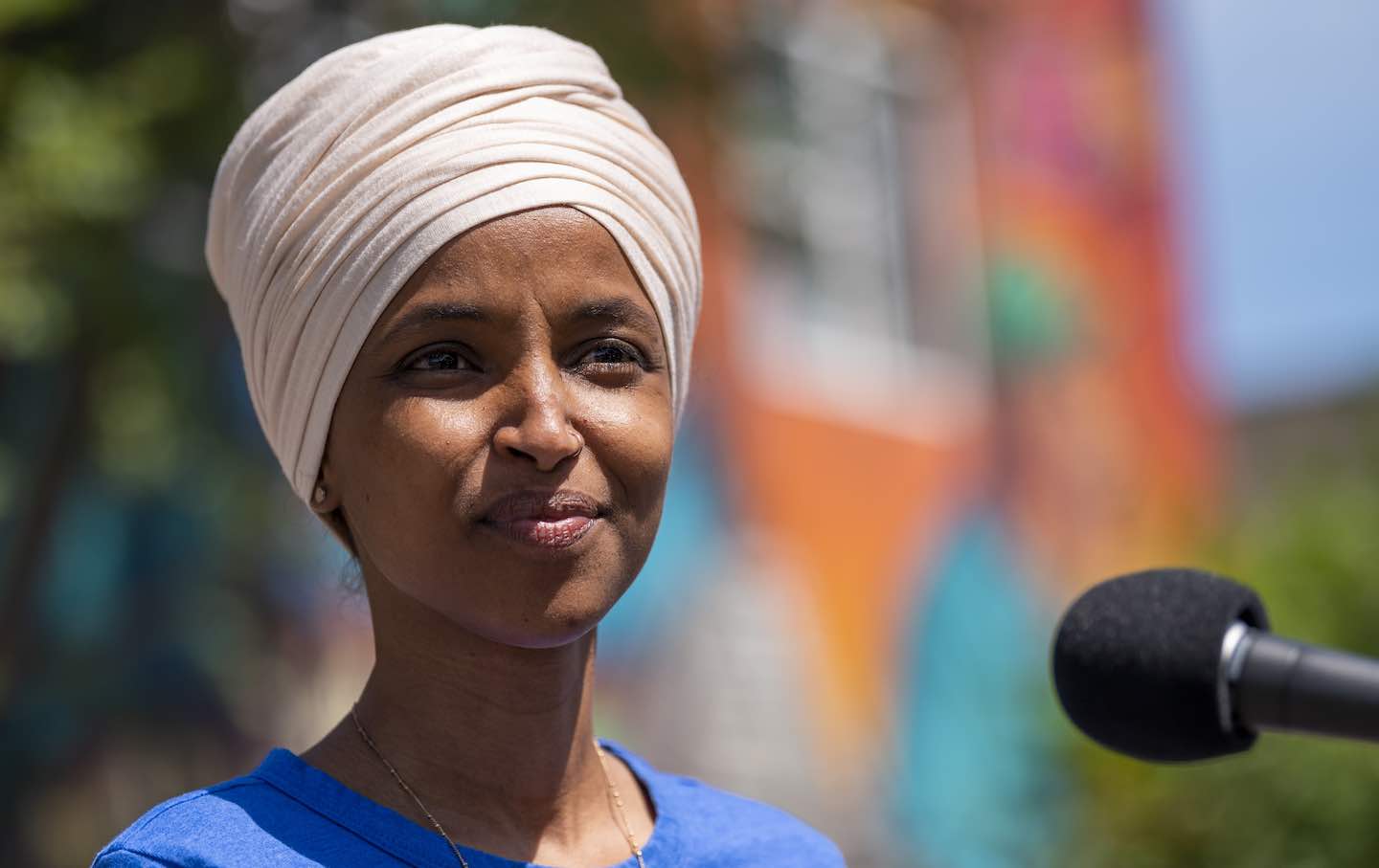 Representative Ilhan Omar (D-MN) speaks with reporters gathered outside Mercado Central on August 11, 2020, in Minneapolis, Minnesota.