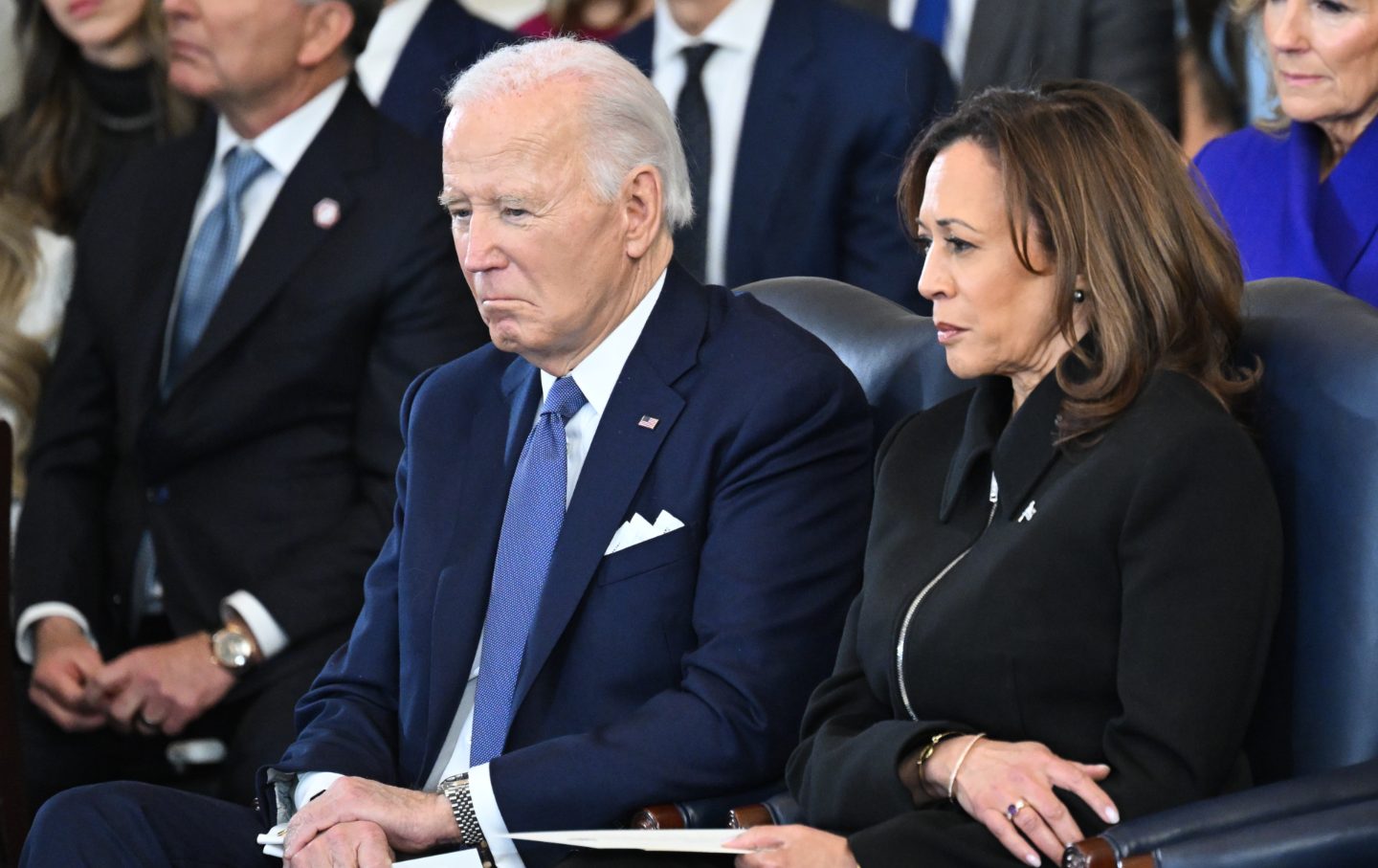 President Joe Biden and Vice President Kamala Harris attend the inauguration ceremony of Donald Trump in the US Capitol Rotunda on January 20, 2025 in Washington, DC.