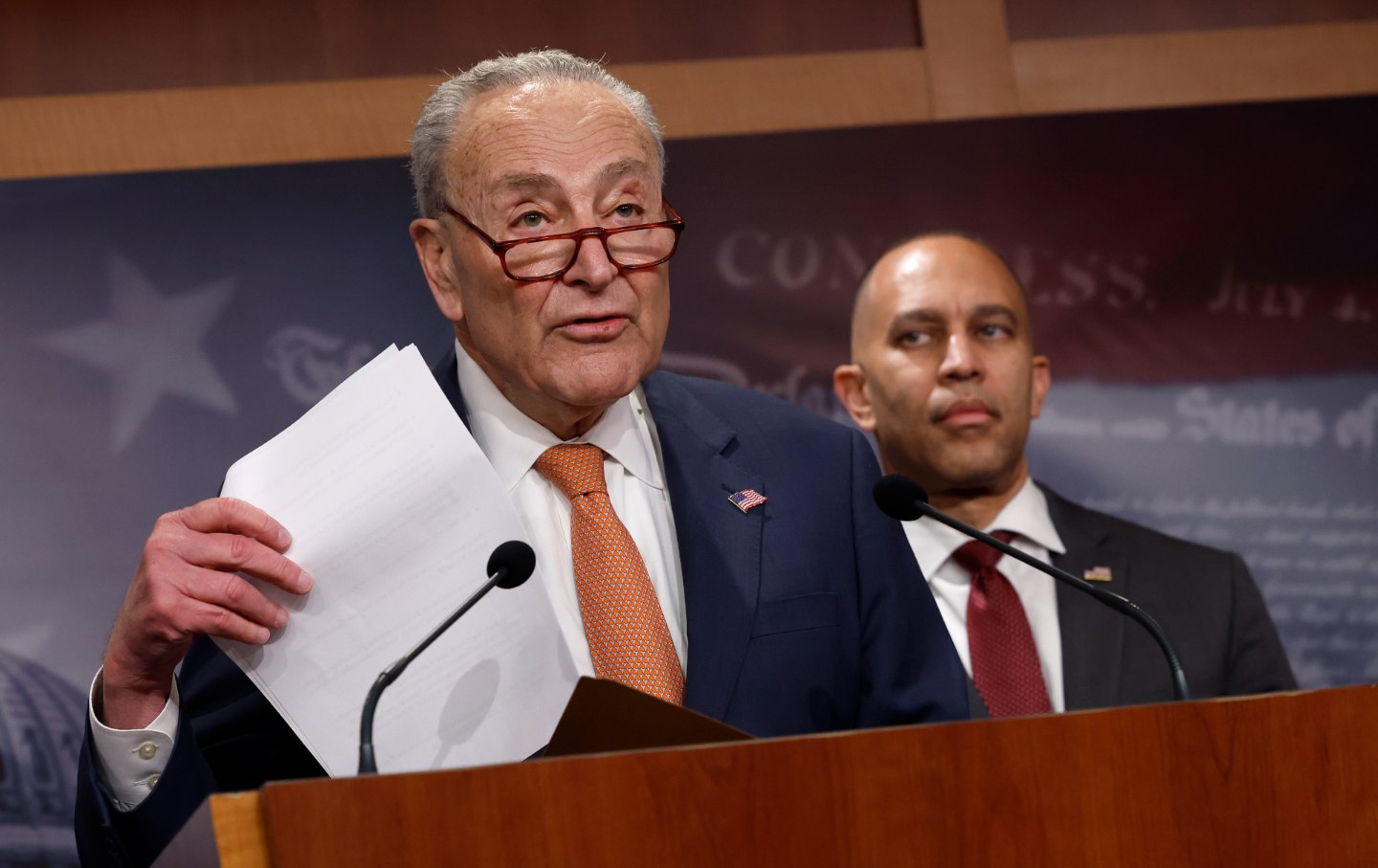 Senate Minority Leader Charles Schumer (D-NY (L) and House Minority Leader Hakeem Jeffries (D-NY) speaks at a press conference to introduce the Stop The Steal Act at the U.S. Capitol on February 04, 2025 in Washington, DC.