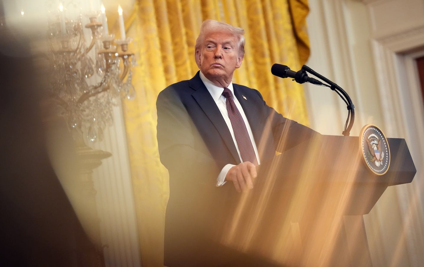 President Donald Trump looks on during a joint press conference in the East Room at the White House on February 27, 2025.