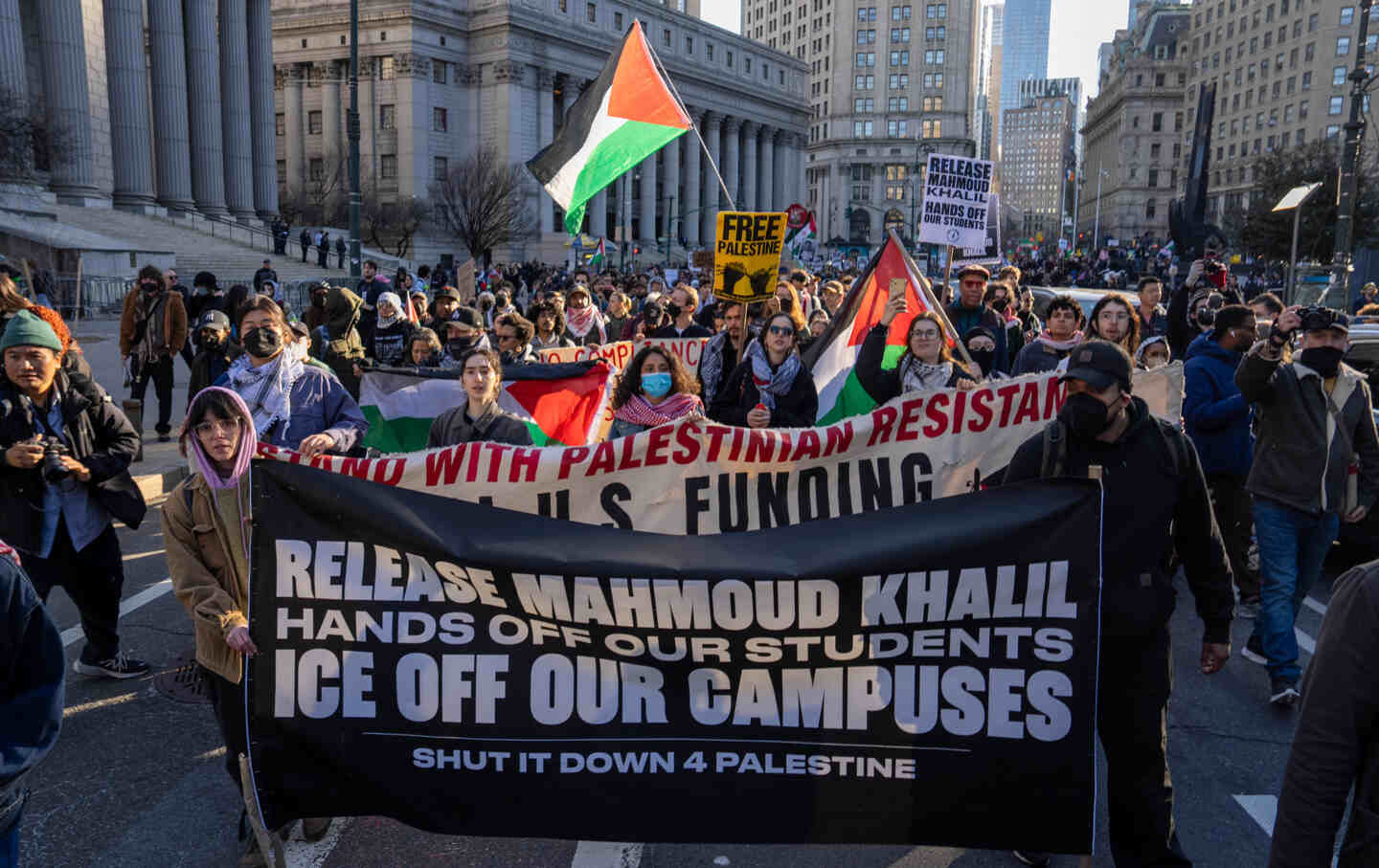 Protestors gather to demand the release of Mahmoud Khalil at Foley Square on March 10, 2025, in New York City.