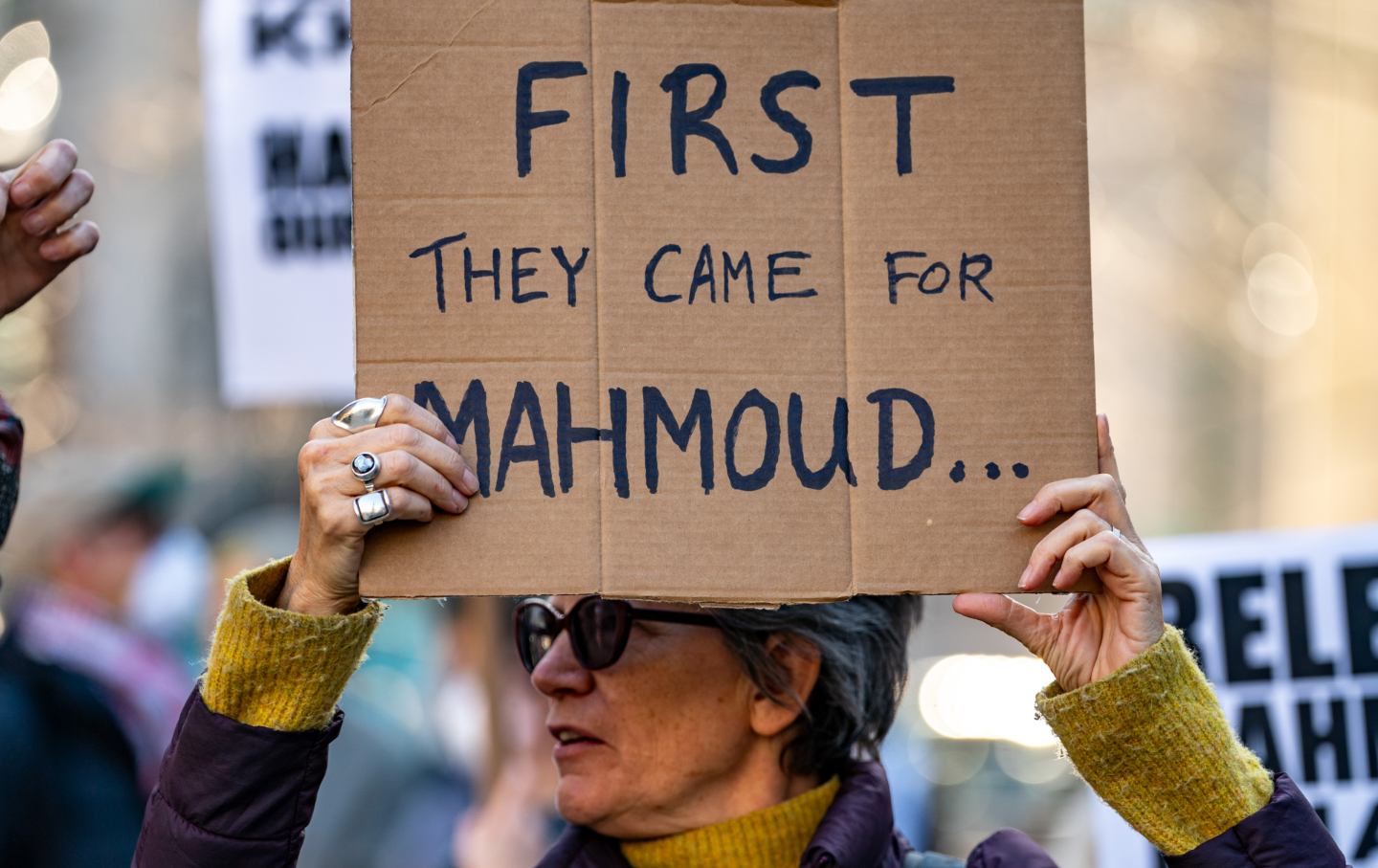 Protesters gather to demand the release of Mahmoud Khalil at Foley Square on March 10, 2025 in New York City.