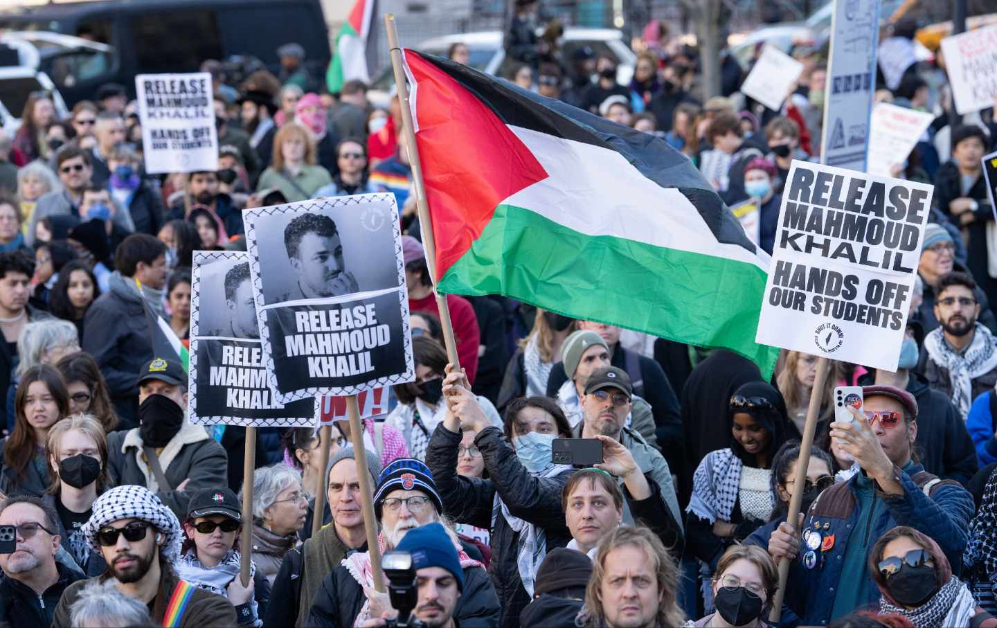 Protesters gather in Manhattan's Foley Square on March 10, 2025, to protest the arrest of Mahmoud Khalil.