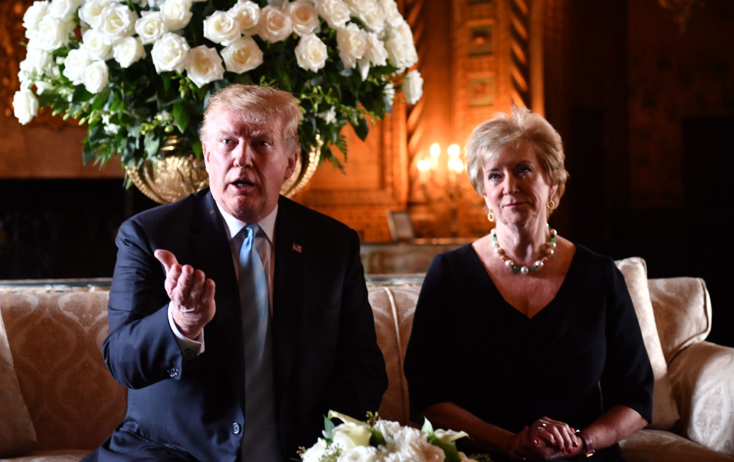 Donald Trump speaks at a press conference with Linda McMuhon in 2019.