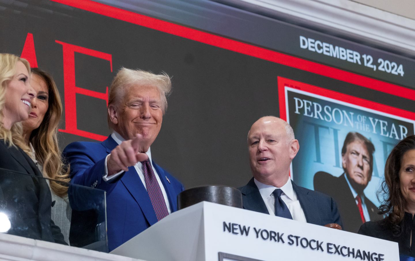 President-elect Donald Trump rings the opening bell on the trading floor of the New York Stock Exchange on December 12, 2024, in New York City.