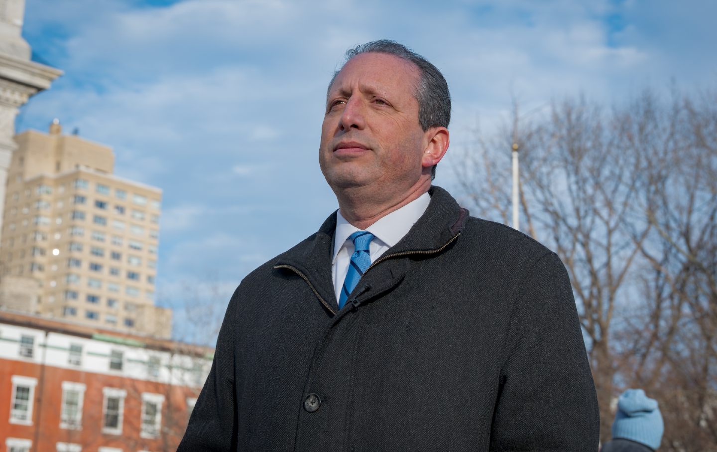 New York City Comptroller Brad Lander protests the Trump administration's decision to freeze of public funding for science research on February 19, 2025.