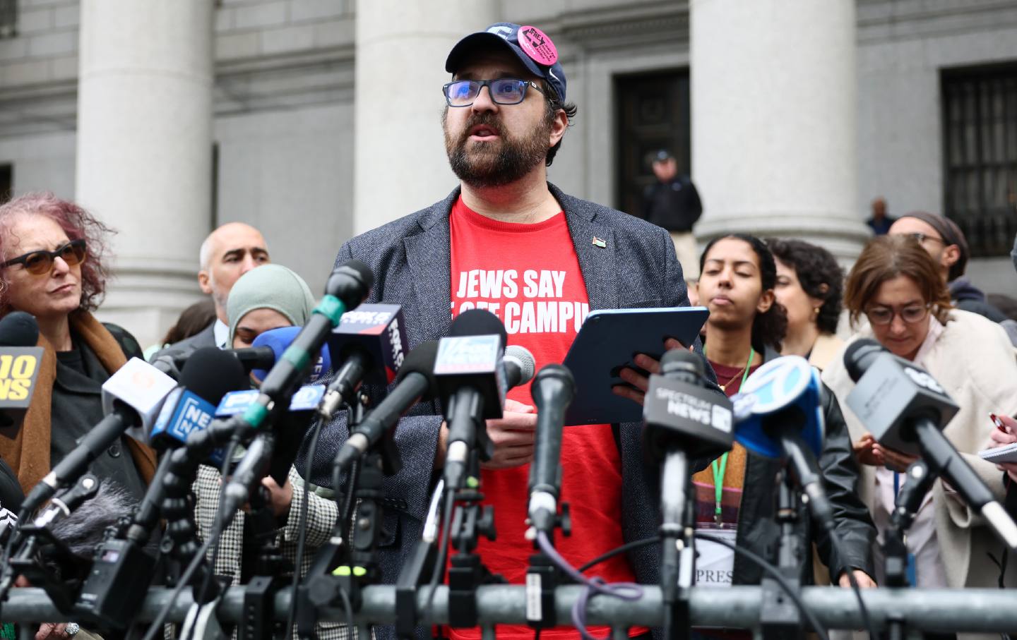 Joseph Howley, an associate professor at Columbia University, speaks after a hearing for Mahmoud Khalil on March 12, 2025, in New York City. The Trump administration is seeking to deport Khalil over his participation in pro-Palestinian protests at the school.